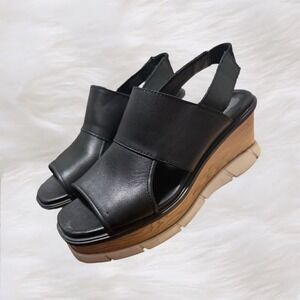 Sorel Black Leather Wedge Slingback Sandals Women's Size 9